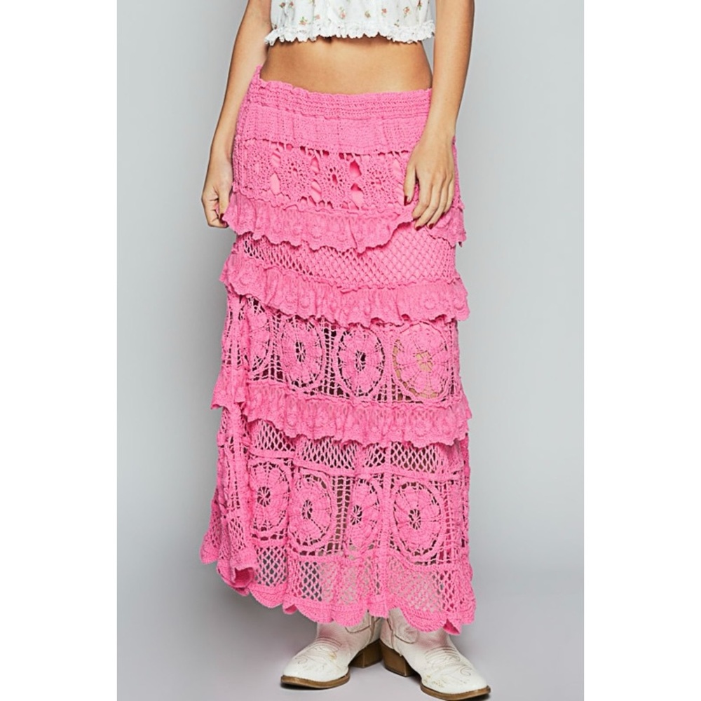 POL Bubblegum Pink Tiered Ruffled Flowy Crochet Maxi Skirt - Picture 9 of 9